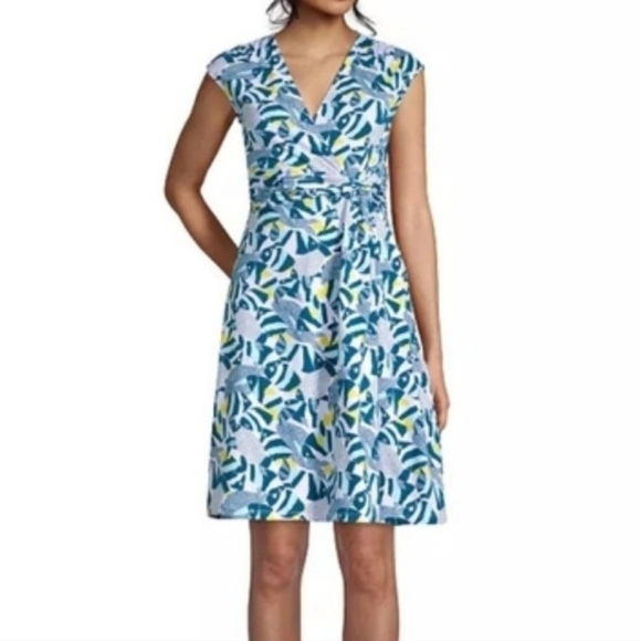 Lands' End Multi Color Fish Print Twist-Accent Cap Sleeve Fit & Flare Dress Sz L - Picture 1 of 12